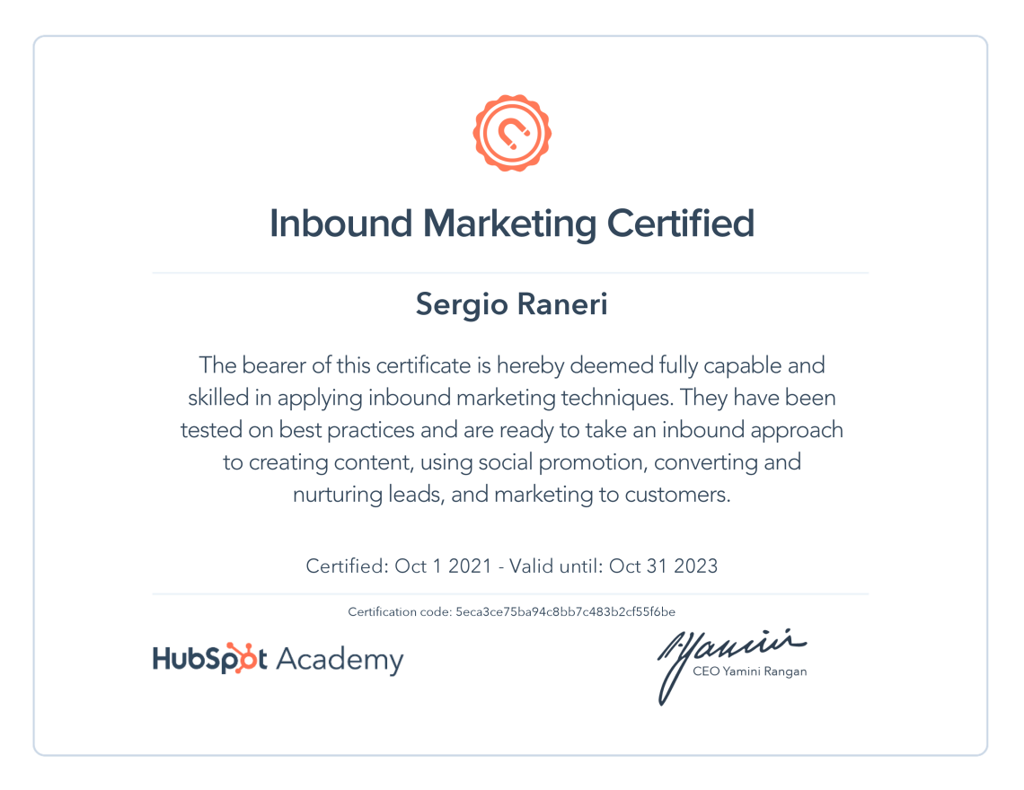 Sergio Raneri Inbound Marketing Certified by HubSpot